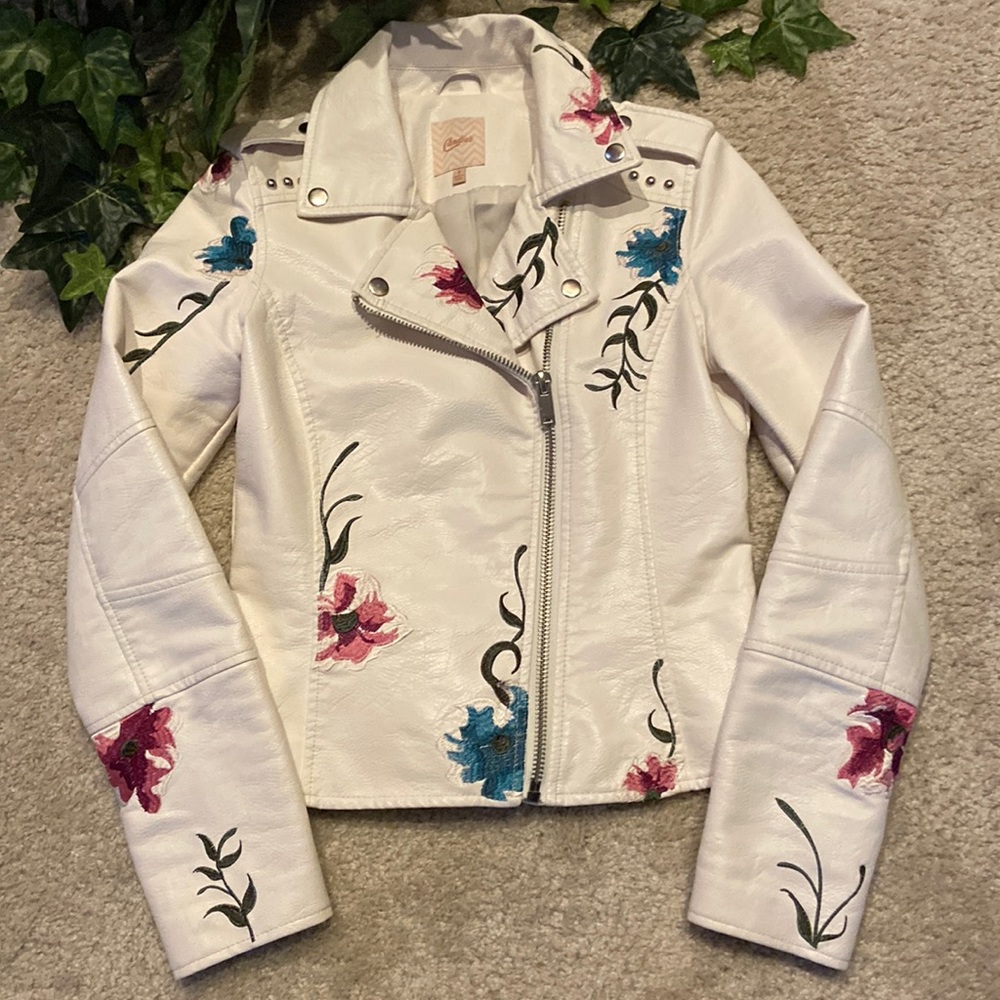 Candies Flowered White Faux Leather Jacket
